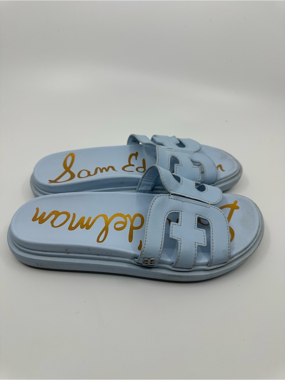 Sam Edelman Pale Blue Slide Sandals with Gold Logo